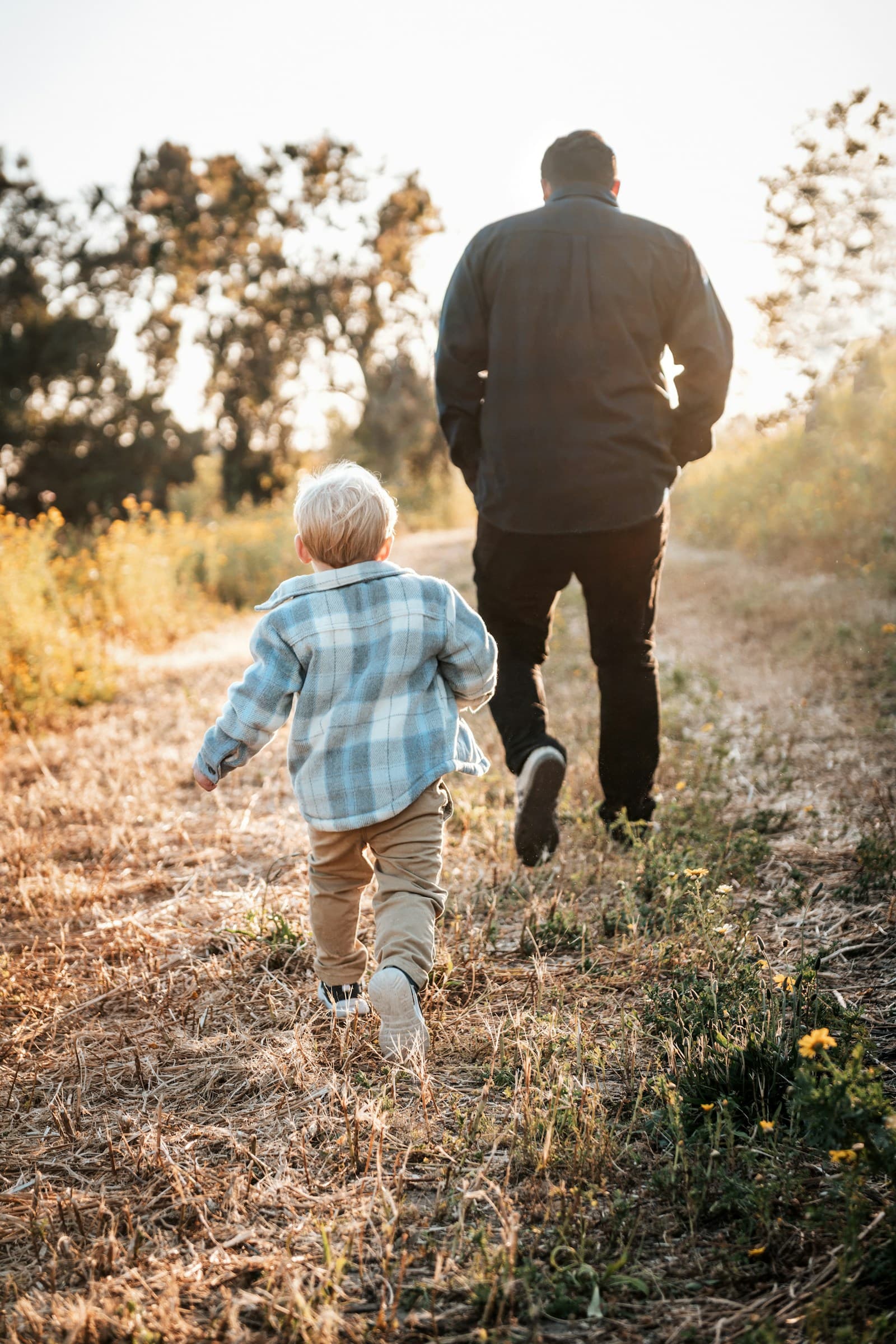 A father and his young son walking together through a sunlit field